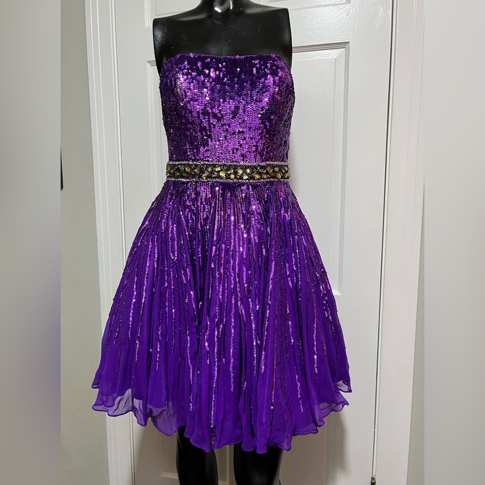 Womens Purple Sequin Formal Prom Pageant Homecoming Strapless Dress Size 8